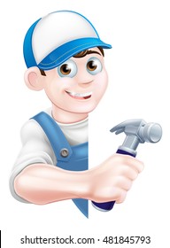 A cartoon handyman or carpenter in a cap hat and blue dungarees holding a hammer and peeking around a sign