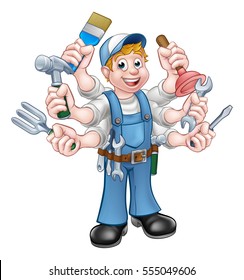 A cartoon handyman holding lots of tools