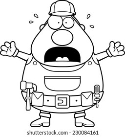 A cartoon handyman with a scared expression.