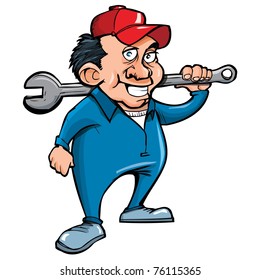 Cartoon handyman with tools. Isolated on white