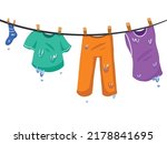 Cartoon hanging wet clothes, pants, tank top, shirt, and sock. Drying clothes on clothline on windy outdoor environment vector illustration with flat style drawing.
