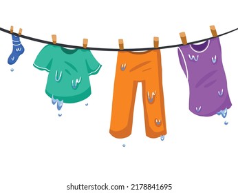 Cartoon hanging wet clothes, pants, tank top, shirt, and sock. Drying clothes on clothline on windy outdoor environment vector illustration with flat style drawing. - Shutterstock ID 2178841695