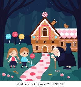 Cartoon Hansel and Gretel. Cute sweet house, funny witch with cat. Classic fairy tale for children. Kawaii characters. Fantasy vector illustration.