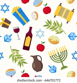 Cartoon Hanukkah Background Pattern Jewish Holiday Traditional Culture Symbol Flat Design Style. Vector illustration