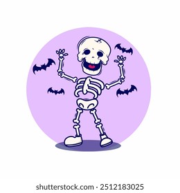 Desenho animado Felicidade expressão de esqueleto Halloween com morcego. Elemento e decoração para Halloween. Esqueleto de Halloween em quadro branco. 