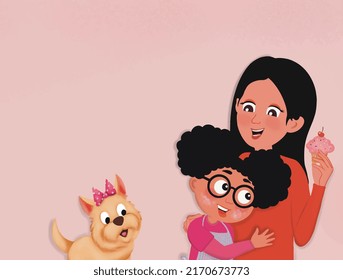 Diseño vectorial de la escena de felicidad de dibujos animados, con fondo rosa