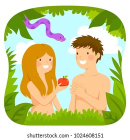 Cartoon Happy Adam And Eve With An Apple And The Snake
