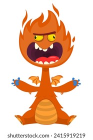 Cartoon happy adorable monster sitting and waving hands.  Vector illustration isolated on white. Great for Halloween party or package design.