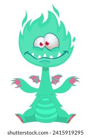 Cartoon happy adorable monster sitting and waving hands.  Vector illustration isolated on white. Great for Halloween party or package design.