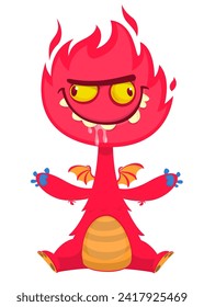 Cartoon happy adorable monster sitting and waving hands.  Vector illustration isolated on white. Great for Halloween party or package design.