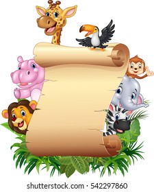 Cartoon Happy african animals with blank sign