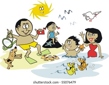 Cartoon of happy African family at beach with snorkel equipment.