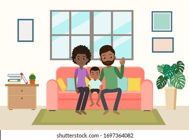 Cartoon happy african family stay home on sofa in the living room - Vector illustration