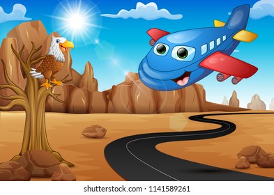 Cartoon happy airplane with eagle on tree and Empty road in the desert
