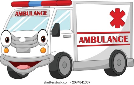 Cartoon happy ambulance car on white background