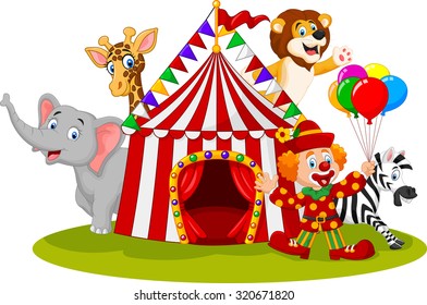 Cartoon happy animal circus and clown 