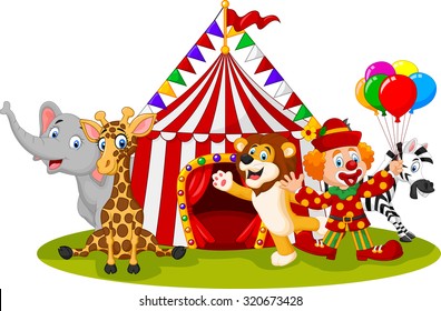 Cartoon happy animal circus and clown 