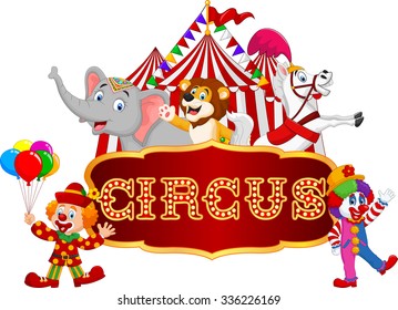 Cartoon happy animal circus with clown on the carnival background