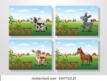 Cartoon happy animal with farm background collections set