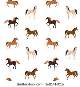 Cartoon happy animal - simple trendy pattern with different type of horse. Flat vector illustration for prints, clothing, packaging and postcards. 