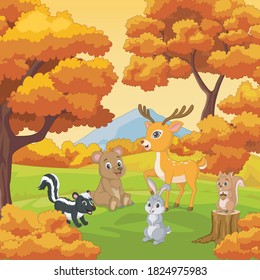 Cartoon happy animals with Autumn forest background