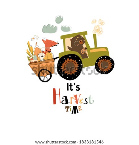 Cartoon happy animals riding on tractor with harvest