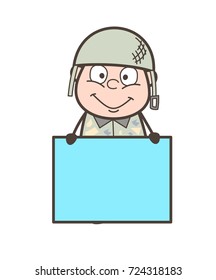 Cartoon Happy Army Man Showing Message Banner Vector Illustration