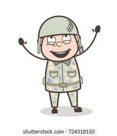Cartoon Happy Army Officer Expression After Win the War Vector Illustration