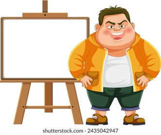 Cartoon of a happy artist beside an empty easel