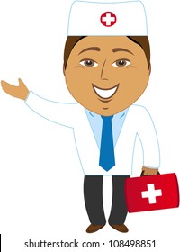 cartoon happy asian doctor showing hand