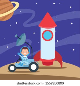 cartoon happy astronaut boy in a space car and rocket over space with planets background, colorful design. vector illustration