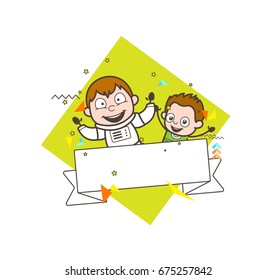 Cartoon Happy Astronaut and Kid with Banner Vector Illustration