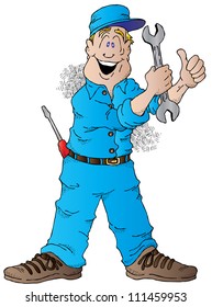 Cartoon of a Happy Auto Mechanic With a Wrench