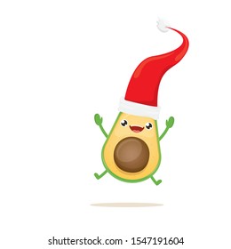 cartoon happy avocado character with red santa claus hat isolated on white background. vector christmas fruit funky character with red cap. Christmas design elements for poster, postcard, banners