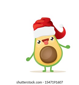 cartoon happy avocado character with red santa claus hat isolated on white background. vector christmas fruit funky character with red cap. Christmas design elements for poster, postcard, banners