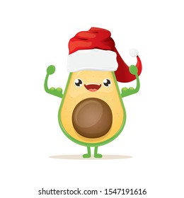 cartoon happy avocado character with red santa claus hat isolated on white background. vector christmas fruit funky character with red cap. Christmas design elements for poster, postcard, banners