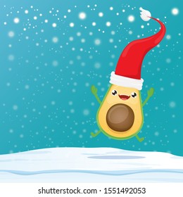 cartoon happy avocado character with red santa claus hat on winter snow background. vector christmas fruit funky character with red cap. Christmas design elements for poster, postcard, banners