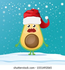 cartoon happy avocado character with red santa claus hat on winter snow background. vector christmas fruit funky character with red cap. Christmas design elements for poster, postcard, banners