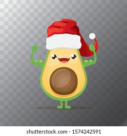 cartoon happy avocado character with red santa claus hat isolated on transparen background. vector christmas fruit funky character with red cap. Christmas design elements for poster, postcard, banners
