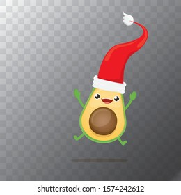 cartoon happy avocado character with red santa claus hat isolated on transparen background. vector christmas fruit funky character with red cap. Christmas design elements for poster, postcard, banners