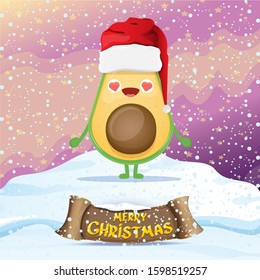 cartoon happy avocado character with red santa claus hat on winter snow background. vector christmas fruit funky character with red cap. Christmas design elements for poster, postcard, banners