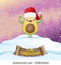 cartoon happy avocado character with red santa claus hat on winter snow background. vector christmas fruit funky character with red cap. Christmas design elements for poster, postcard, banners