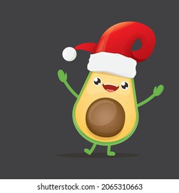 cartoon happy avocado character with red Santa Claus hat isolated on grey background. Vector Christmas fruit funky character with red cap. Christmas design elements for poster, postcard, banners