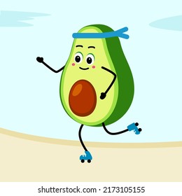 Cartoon Happy avocado roller skating. Vector illustration in flat style. Funny postcard on the topic of sports.