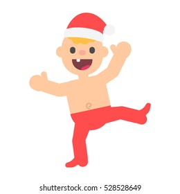 Cartoon happy baby boy in christmas santa hat, cheerfully dancing. Vector kid in flat style illustration isolated on white background