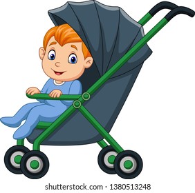 Cartoon happy baby boy in a stroller