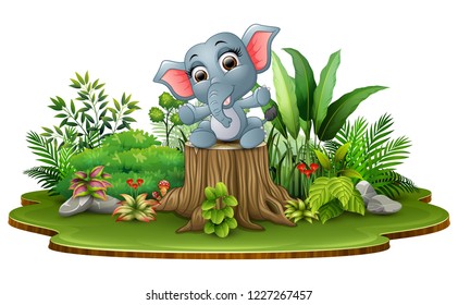 Cartoon happy baby elephant sitting on tree stump with green plants