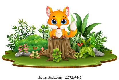 Cartoon happy baby fox sitting on tree stump with green plants