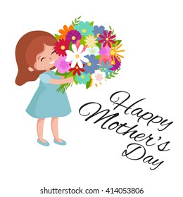 Cartoon happy baby girl with festive bouquet of roses and daisies tied ribbon bow, flowers for mom love celebration Mothers Day greeting card background vector illustration. holiday decoration design