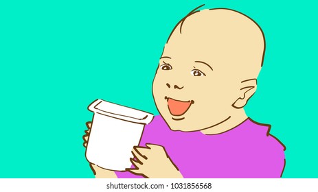 Cartoon happy baby holding yogurt. Smiling baby in a purple breastplate for feeding. Cartoon color vector sketch. Isolated at blue.